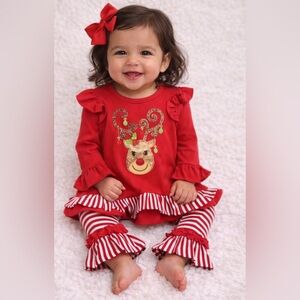 NWT!Red Reindeer Outfit with Striped Accents